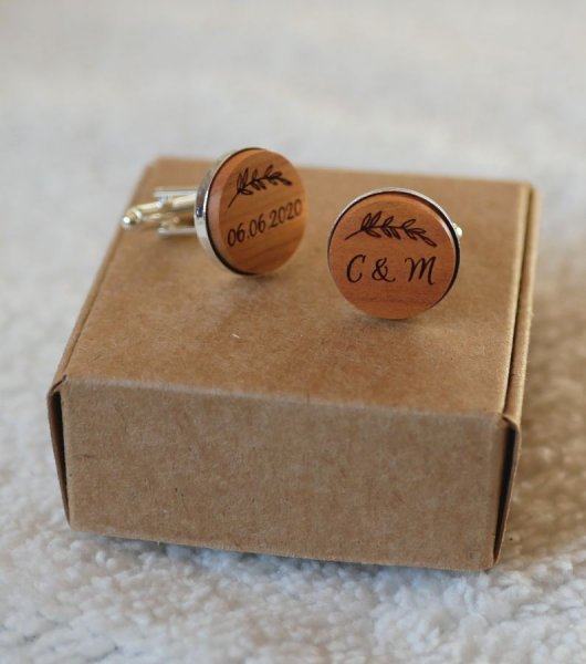 Gemelos de plata con madera grabada 4 tama&ntilde;os a elegir
