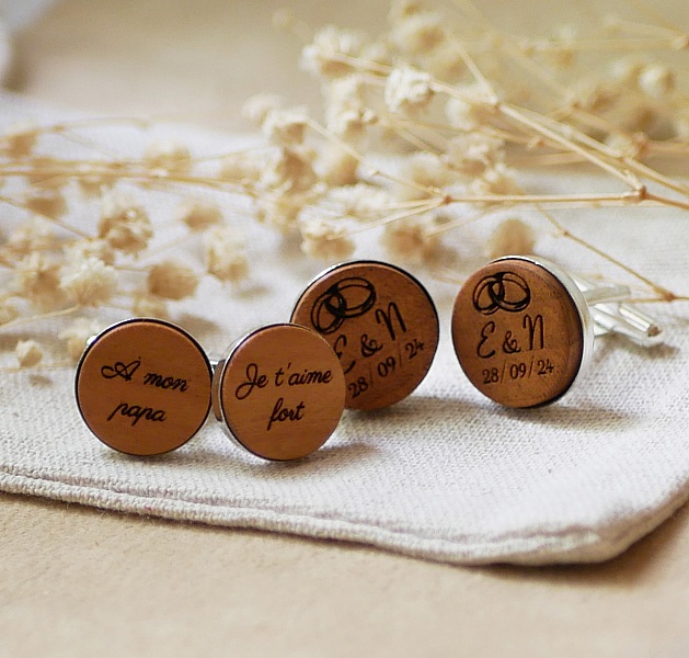 Gemelos engastados en plata platino 16 mm en madera grabada 