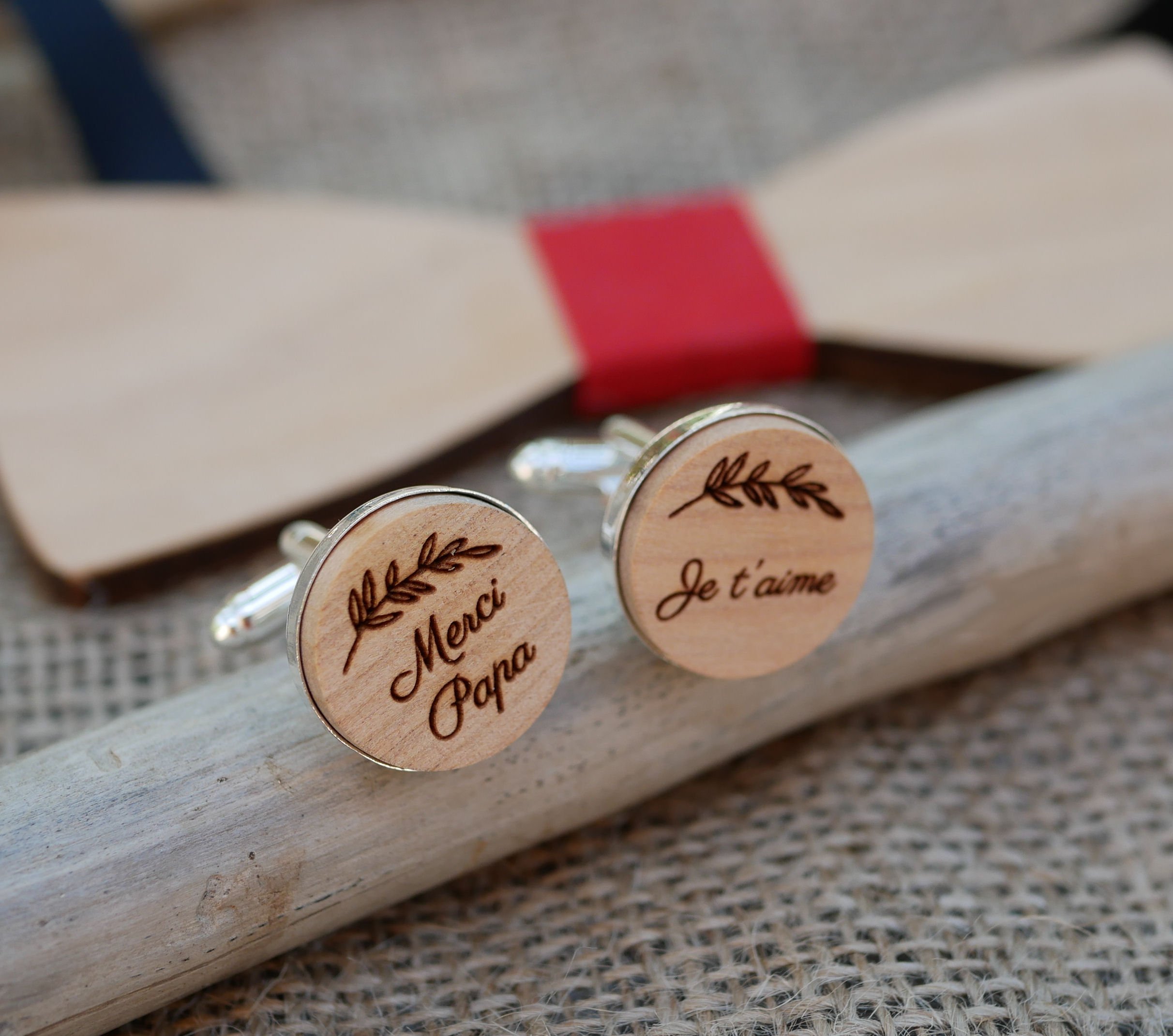 Gemelos de plata con madera grabada 4 tama&ntilde;os a elegir