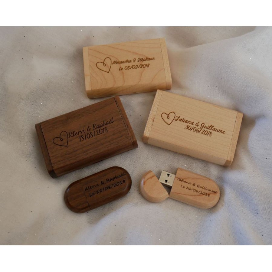 Memoria USB de 64 GB y caja de madera de nogal, personalizables