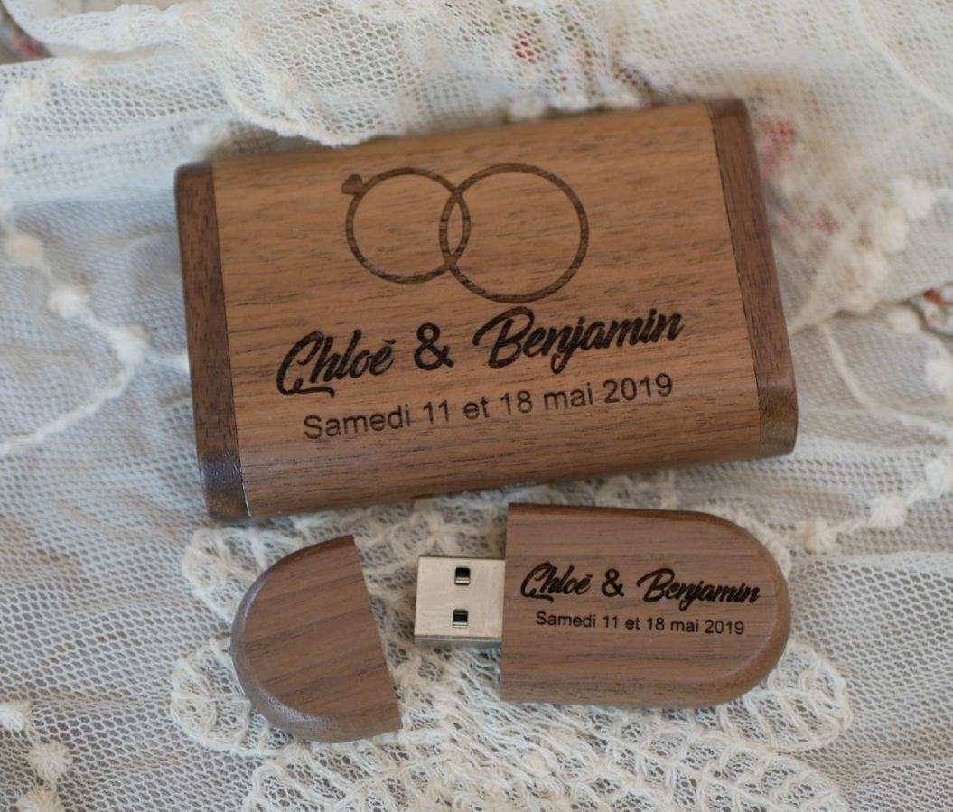 Memoria USB de 64 GB y caja de madera de nogal, personalizables