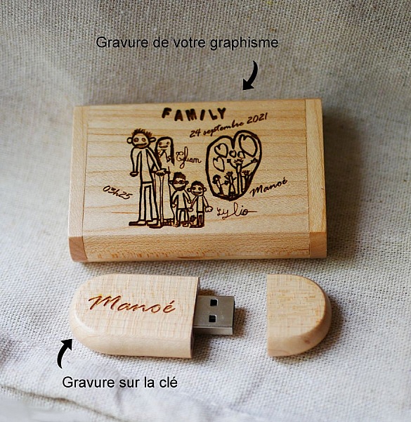 Clé USB 32 Go gravée dans coffret bois d'érable personnalisé.