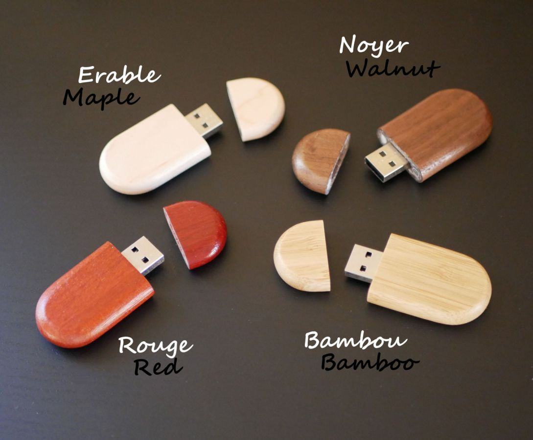 Llave USB ovalada personalizable mediante grabado, madera a elegir