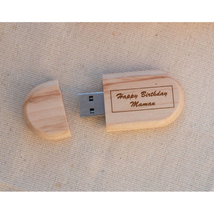 Llave USB ovalada personalizable mediante grabado, madera a elegir