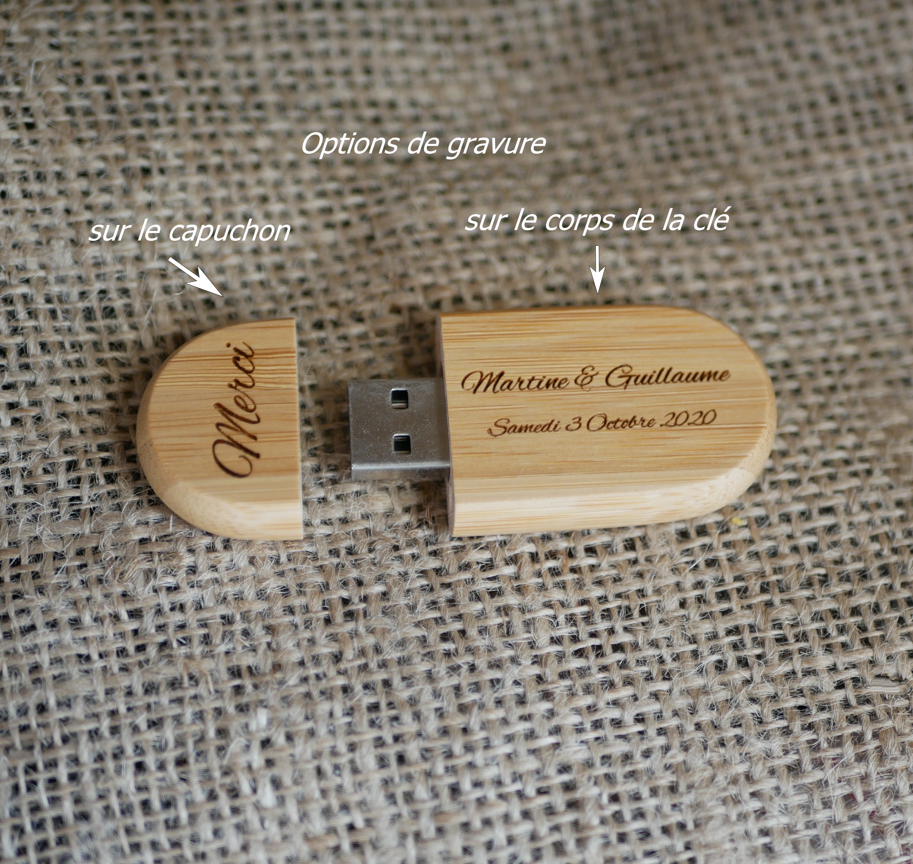 Llave USB ovalada personalizable mediante grabado, madera a elegir