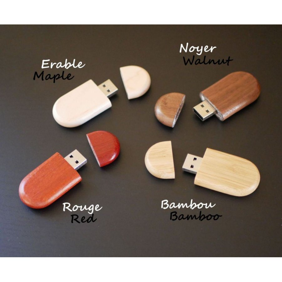 Llave USB ovalada personalizable mediante grabado, madera a elegir