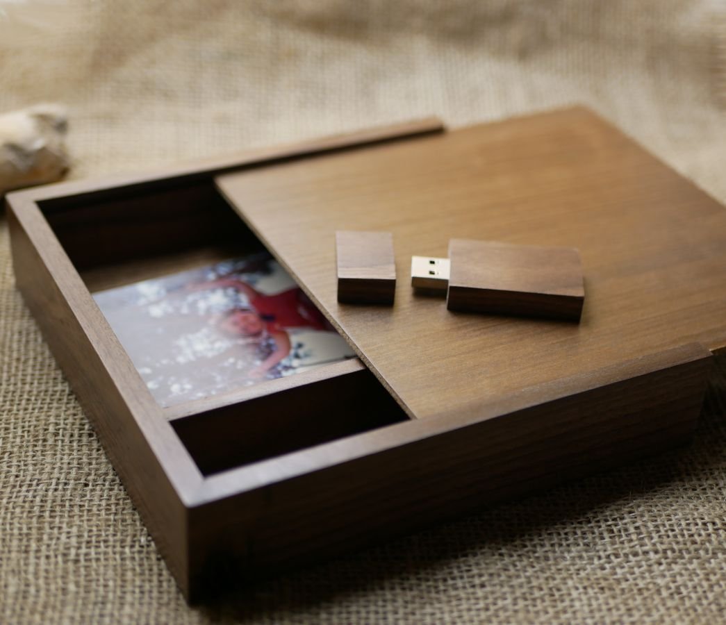 Memoria USB 3.0 de madera de nogal y estuche para fotos, 32 GB, personalizable