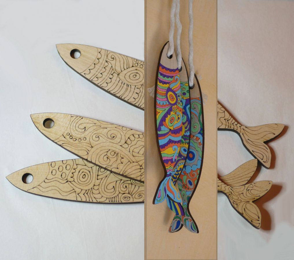 Decoración mural Sardinas en madera grabada para pintar 