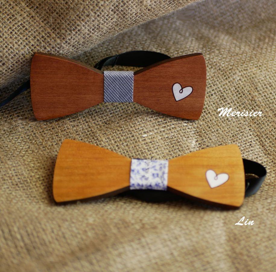 Pajarita de madera con corazón grabado y pintado para personalizar hecha en Francia