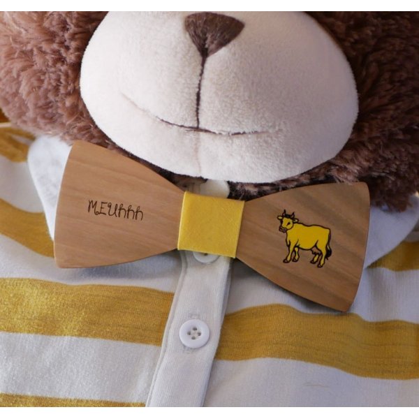 Pajarita de madera, dise&ntilde;o personalizable, grabada y pintada, fabricada en Francia