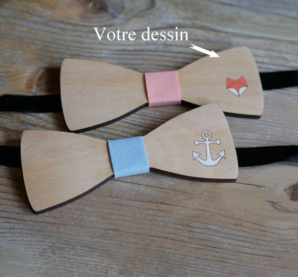 Pajarita de madera, diseño personalizable, grabada y pintada, fabricada en Francia