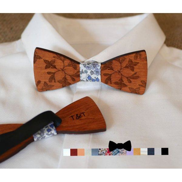 Pajarita de madera grabada con grandes flores para personalizar