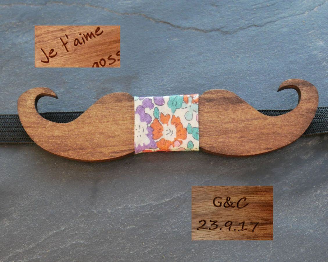 Pajarita Moustache de madera tintada para personalizar fabricada en Francia