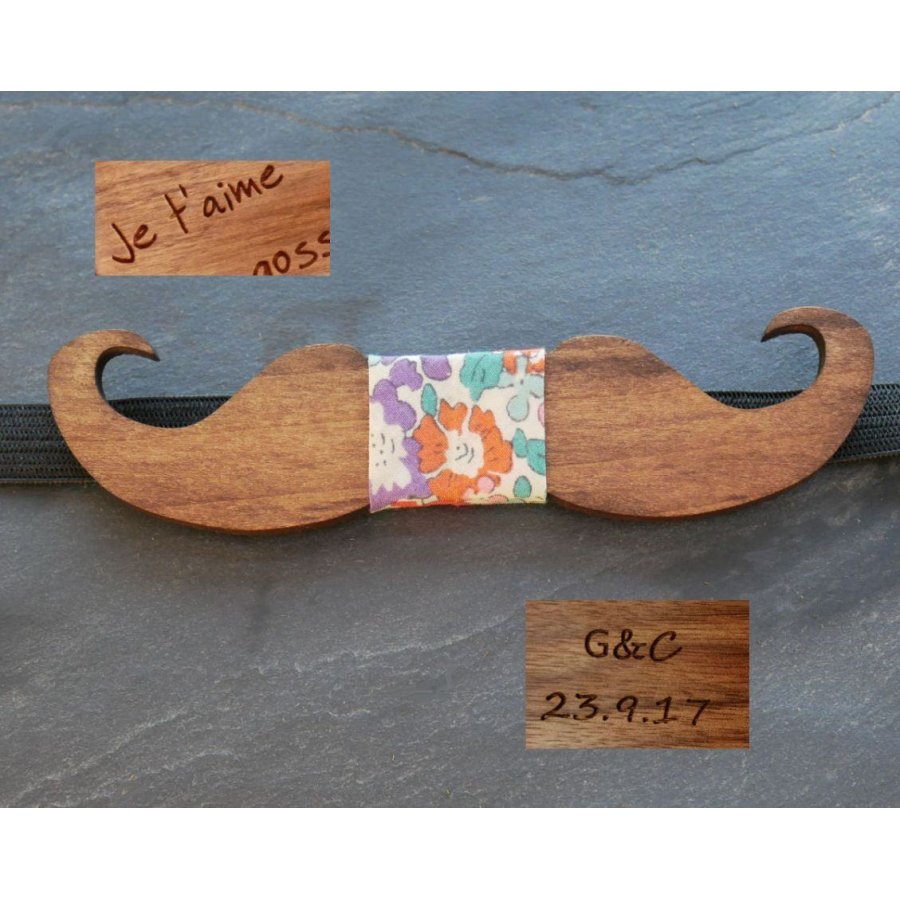 Pajarita Moustache de madera tintada para personalizar fabricada en Francia