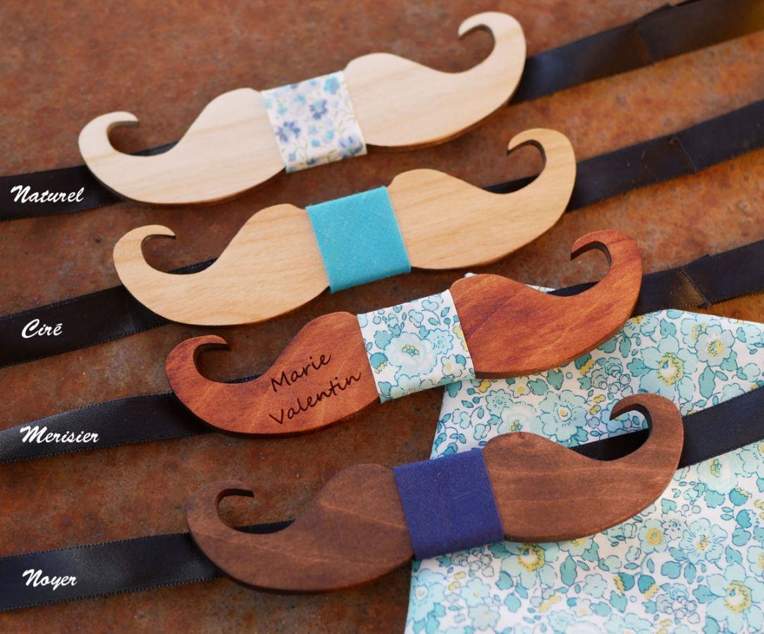 Pajarita Moustache de madera tintada para personalizar fabricada en Francia