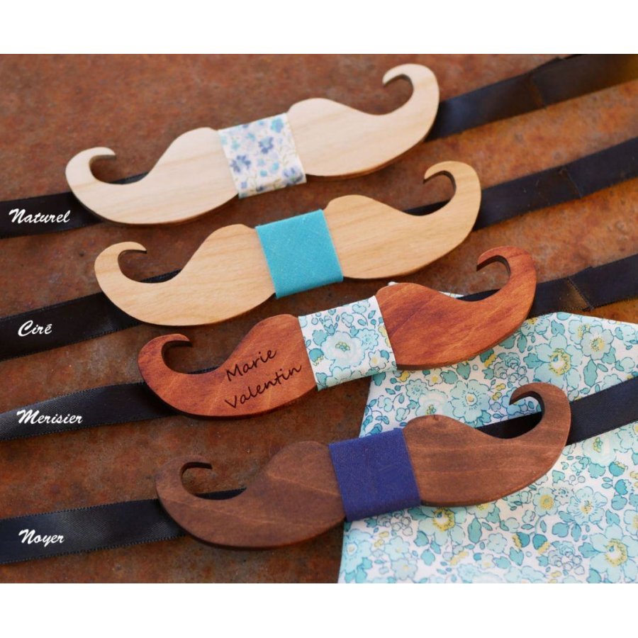 Pajarita Moustache de madera tintada para personalizar fabricada en Francia