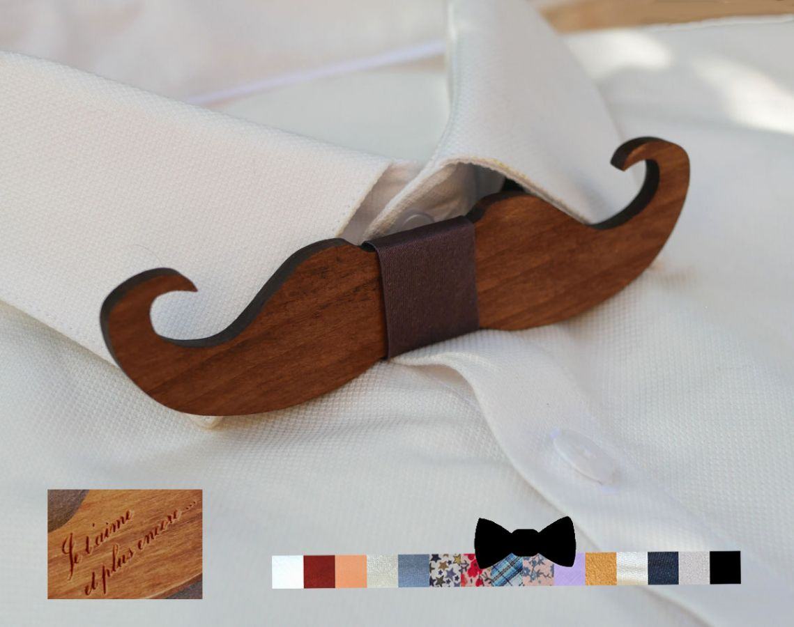 Pajarita Moustache de madera tintada para personalizar fabricada en Francia