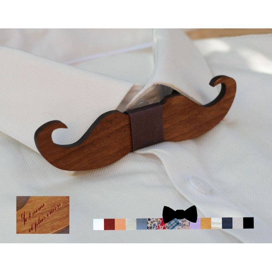 Pajarita Moustache de madera tintada para personalizar fabricada en Francia