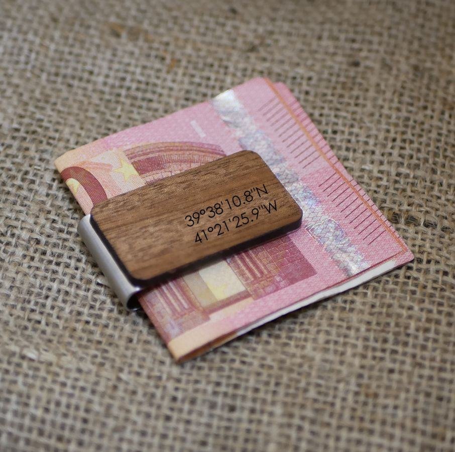 Pinza para billetes de madera grabada personalizable