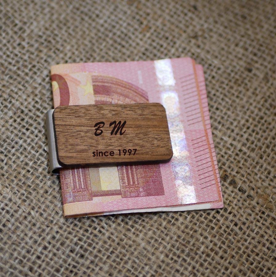 Pinza para billetes de madera grabada personalizable